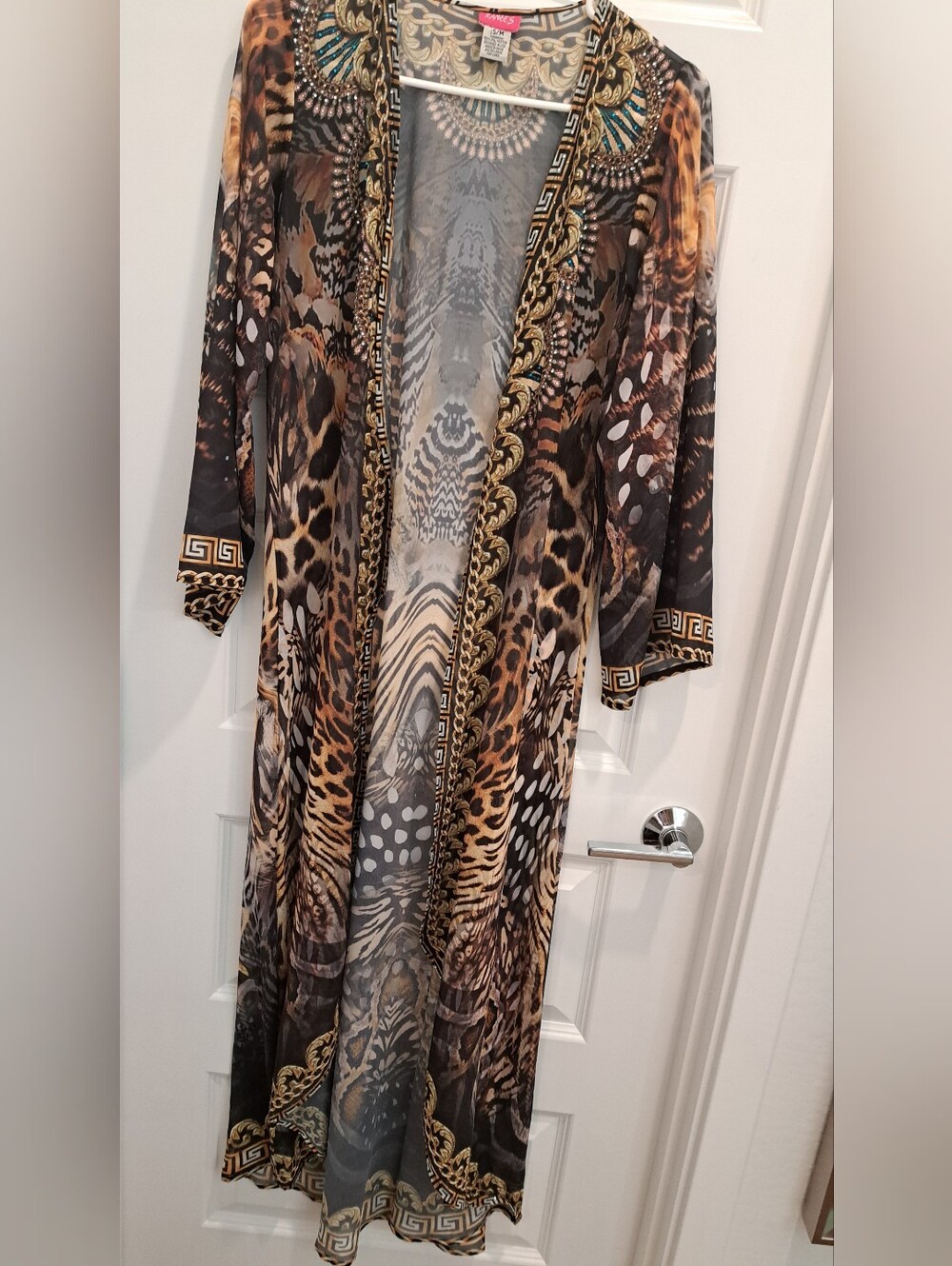 Long Animal Print Sheer Kimono Cover-Up in Brown